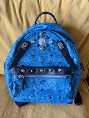 MCM Electric Blue Studded Logo Leather-Textured Backpack w/ Detachable Crossbody